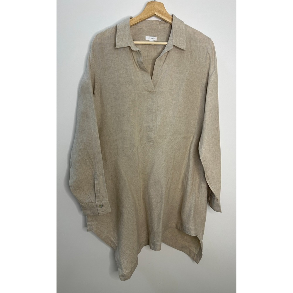 J Jill Love Linen Asymmetrical Tunic Top LS Beige Medium Lagonlook Coastal Vaca - Picture 11 of 12